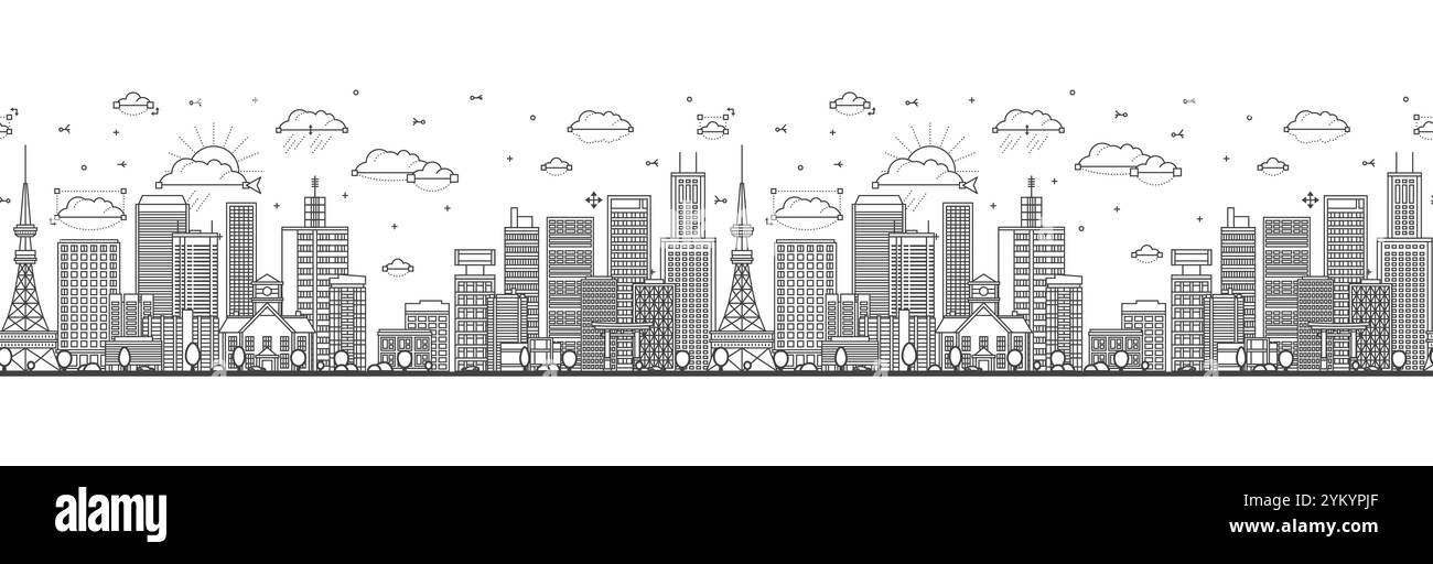Nahtloses Muster mit umrissener Skyline von Sapporo Japan mit modernen und historischen Gebäuden isoliert auf weiß. Vektorabbildung. Sapporo Stadtbild Stock Vektor