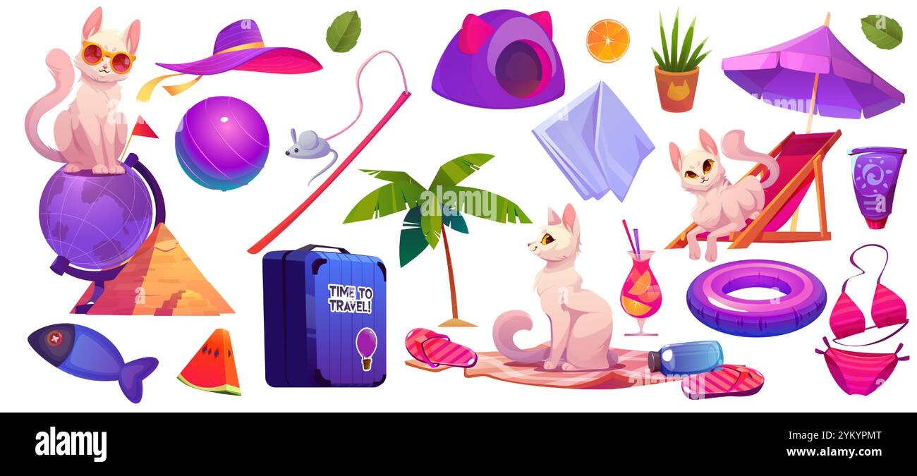 Niedliche Katze und Strand Zubehör Set isoliert auf weißem Hintergrund. Vektor-Karikaturillustration des Kitten-Charakters, der Sommerruhe genießt, Chaiselongue, Regenschirm, Sonnencreme, Palme, Spielzeug und Koffer Stock Vektor