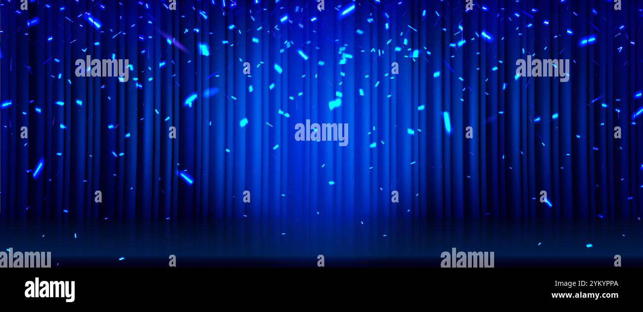 Blauer Theatervorhang mit herabfallendem leuchtendem Konfetti und Spotlight-Effekt. Realistische, geschlossene Vorhänge mit Boden für Theateraufführungen, Preisverleihungen oder Unterhaltungsshows. Stock Vektor