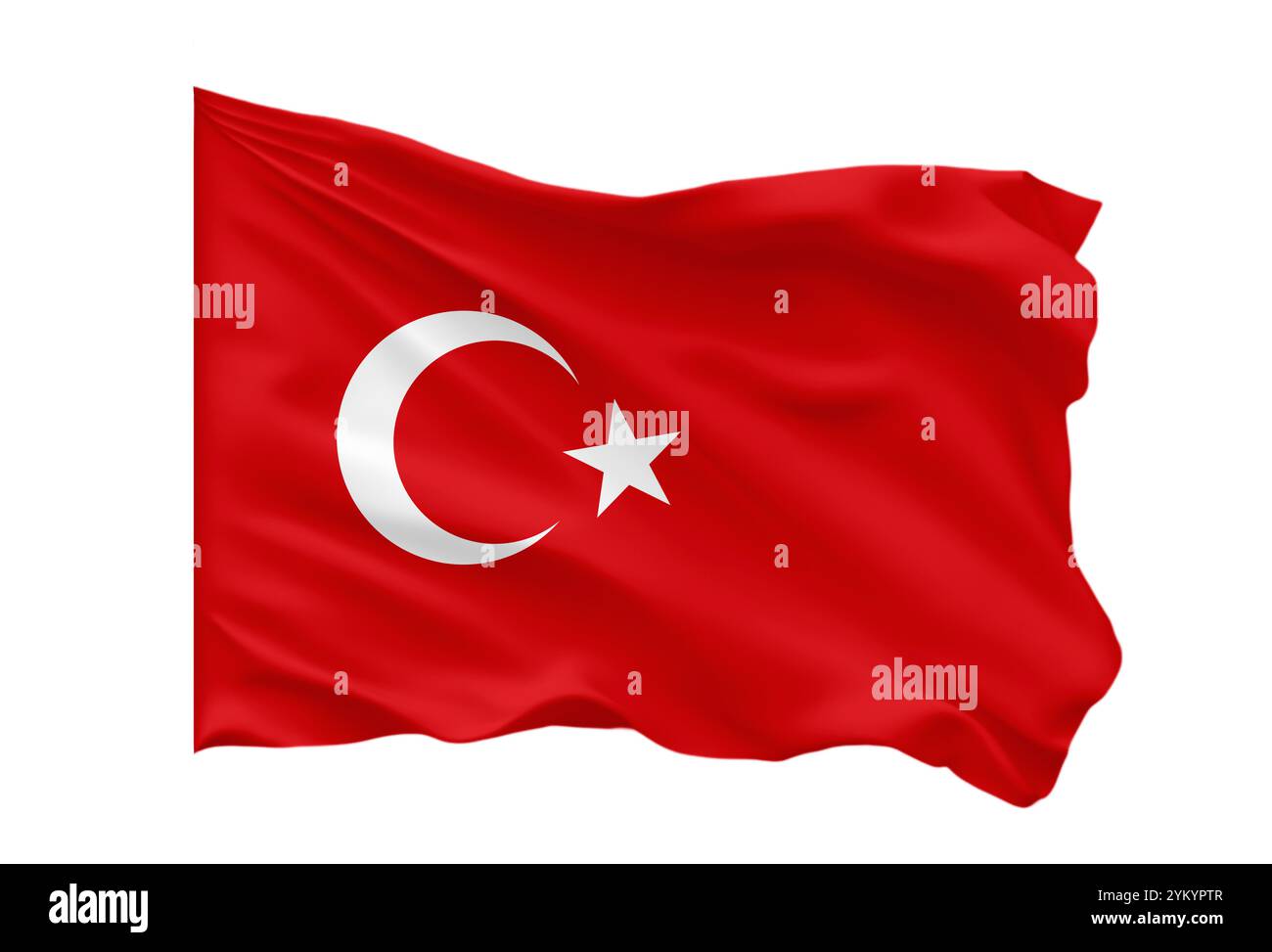 Die türkische Flagge winkt an windigem Tag. Isoliert auf weißem Hintergrund. Stockfoto
