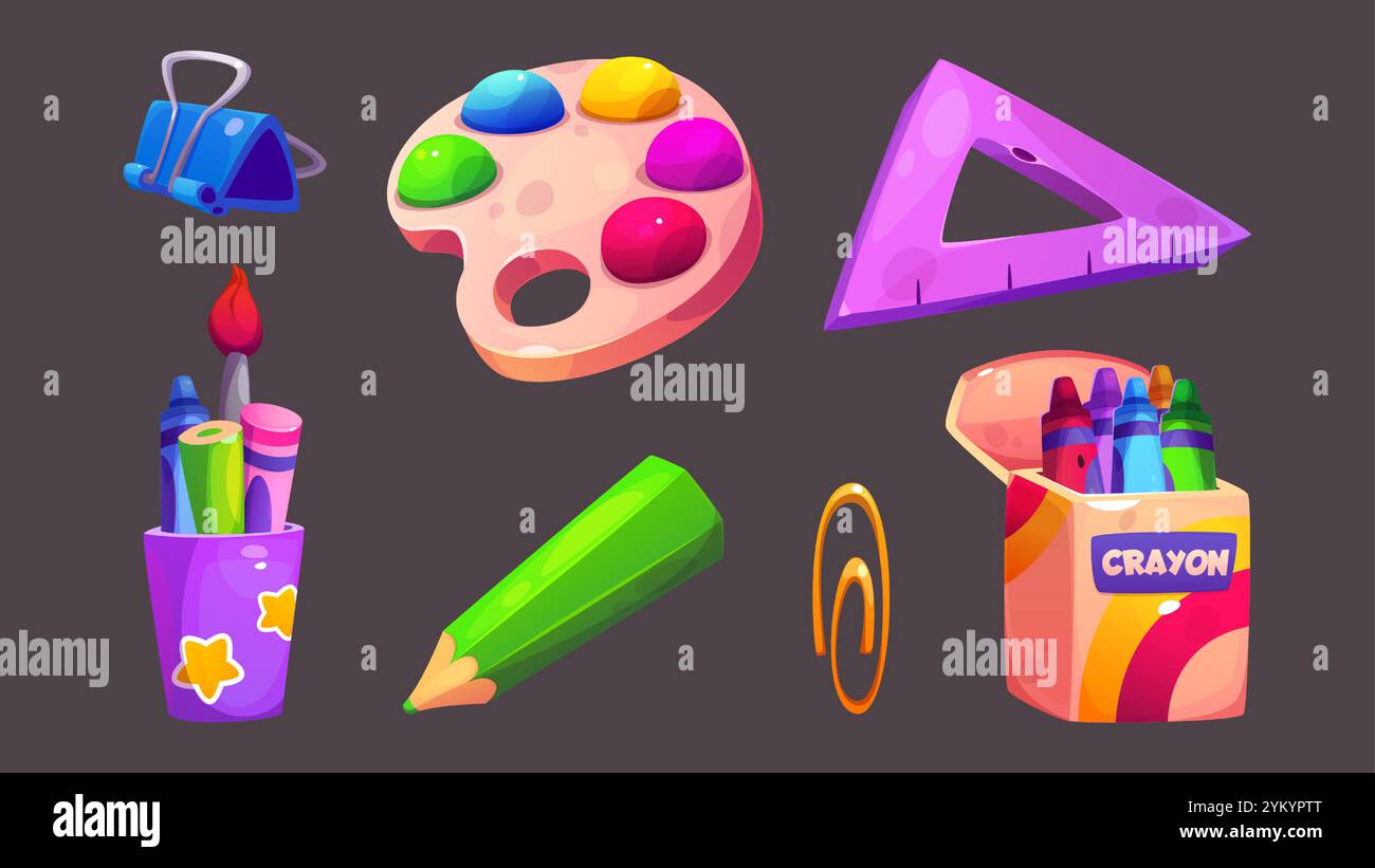 Bunte Kunstgegenstände für Kindergartenaktivitäten. Zeichentrickset mit Farbpalette, lila Lineal, Bleistift und Clips, Buntstifte in Box und Stifte in verziertem Halter. Kreative Werkzeuge für Schulkinder. Stock Vektor