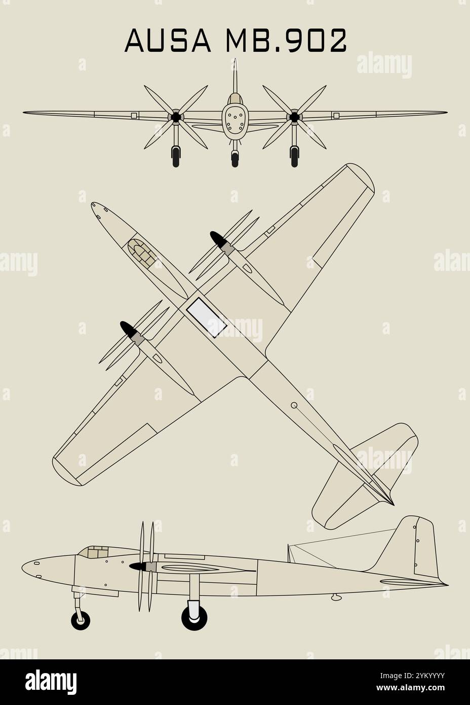 Dies ist ein technisches Diagramm des Flugzeugs AUSA MB.902, ein einzigartiges Flugzeugdesign. Die Abbildung zeigt drei verschiedene Ansichten der Ebene Stock Vektor