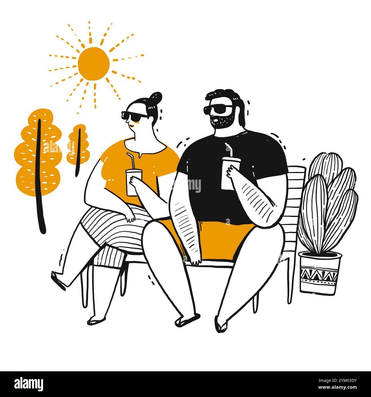 Der Zeichencharakter der Menschen, Kaffeepause. Vektorabbildung im Sketch-Doodle-Stil. Stock Vektor