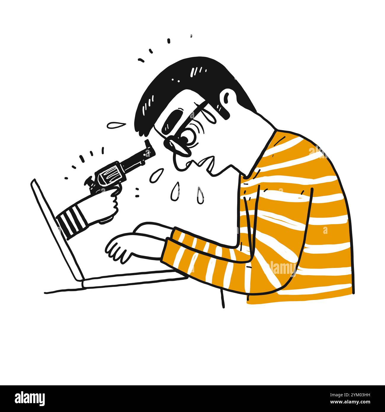 Der Mann wurde mit einem Revolver entführt, der den Laptop abschiebt. Hand gezeichnete Doodle-Stil Vektor-Design Illustrationen. Stock Vektor