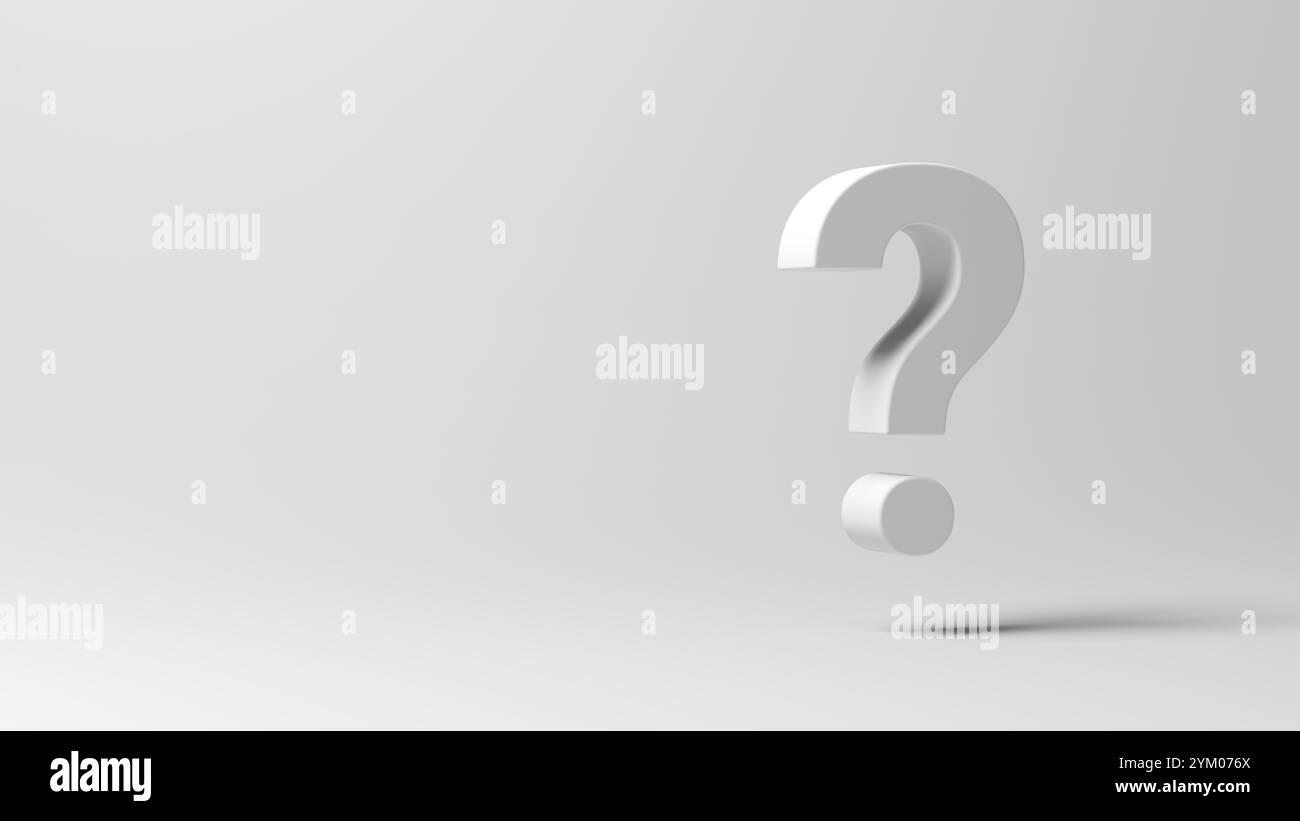 Fragezeichen auf grauem Hintergrund isoliert. Symbol. Schweben. 3D-Abbildung. Stockfoto