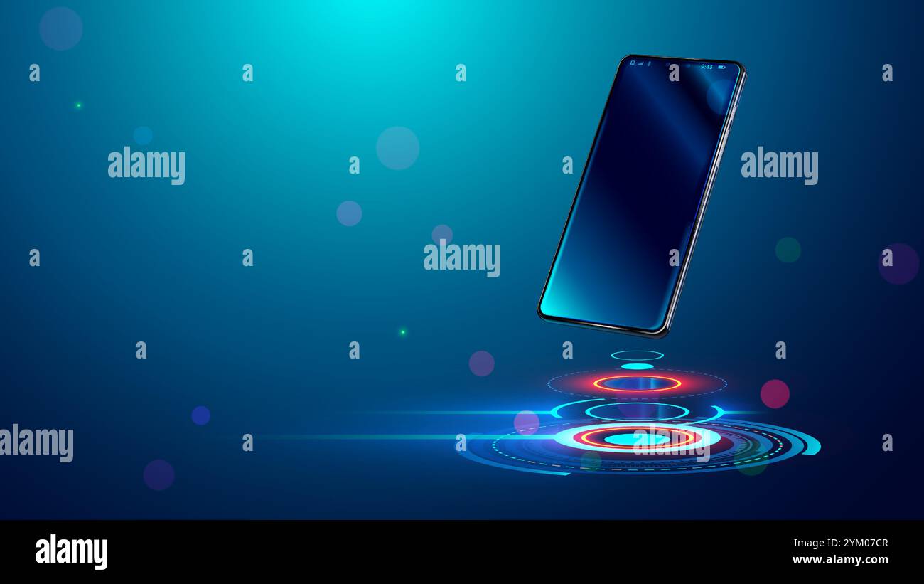 Telefon auf der Tech Circle Bühne. Telefon-Mockup auf futuristischem Podium. Telefon in der Luft über Podium zur Präsentation. Smartphone- oder Gadget-Mockup-Werbung auf f Stock Vektor