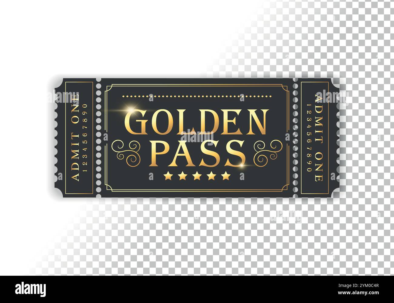 Golden Pass-Vorlage. Geeignet für Festival, Kino, Theater, Konzert, Casino, Zirkus, Eintrittskarten für Veranstaltungen. Vektorabbildung Stock Vektor