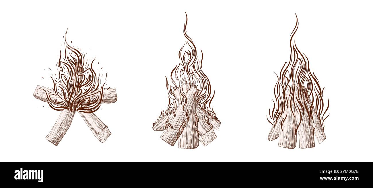 Lagerfeuer-Sammlung im Freien. Feuerflammen und Holzstämme auf handgezeichnetem Stil. Vektor isolierte Texturdarstellung Stock Vektor