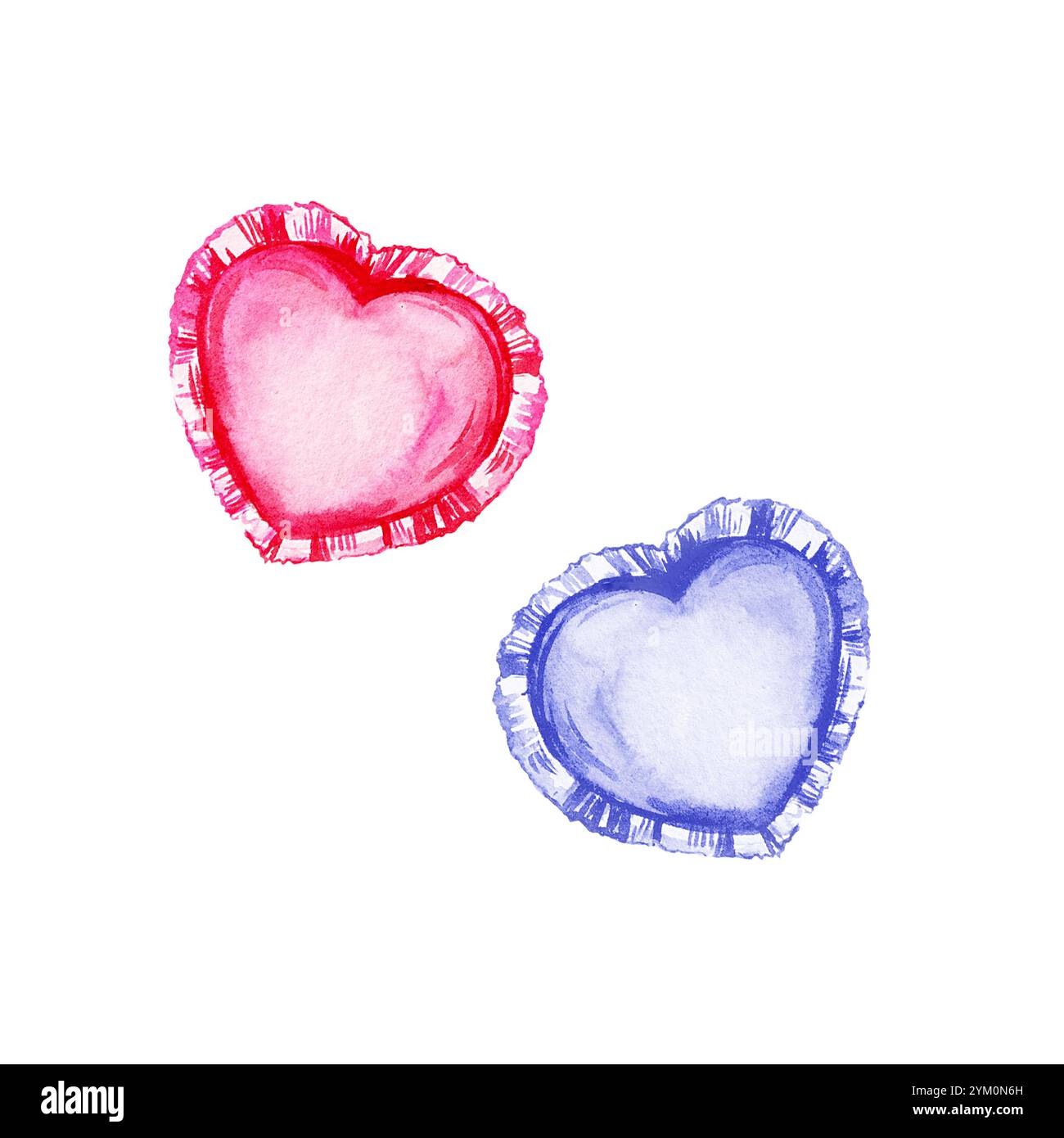 Aquarellset aus weichem herzförmigem Kissen, handgezeichnete Skizze von rosa und blauen Kissen mit Rüschenrändern, Illustration eines gemütlichen Symbols der Liebe isoliert Stockfoto