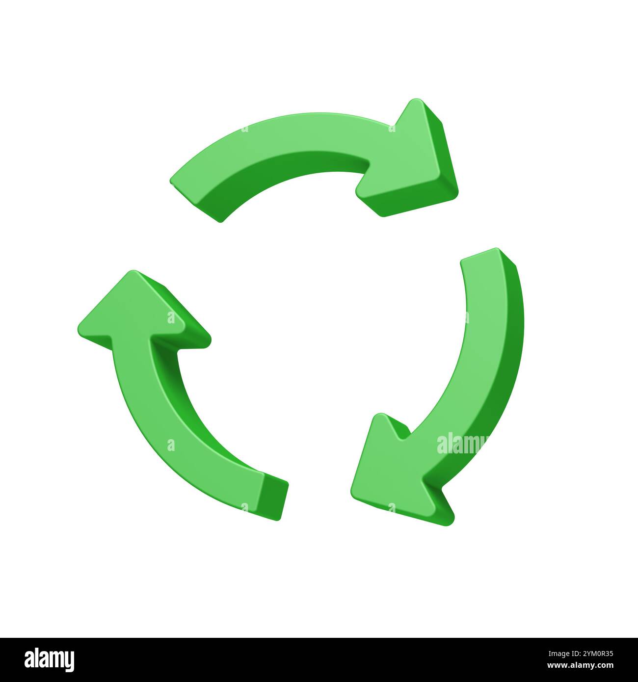 Drei grüne Pfeile auf weißem Hintergrund. Recycling-Symbol. Symbol. 3D-Abbildung. Stockfoto