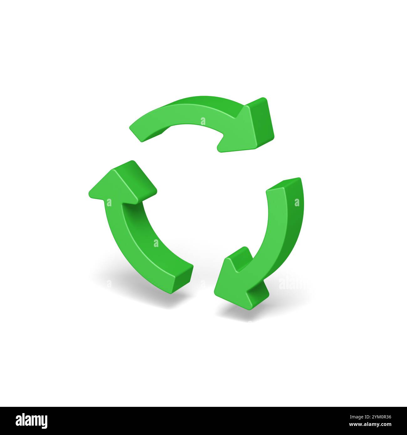 Drei grüne Pfeile auf weißem Hintergrund. Recycling-Symbol. Symbol. 3D-Abbildung. Stockfoto