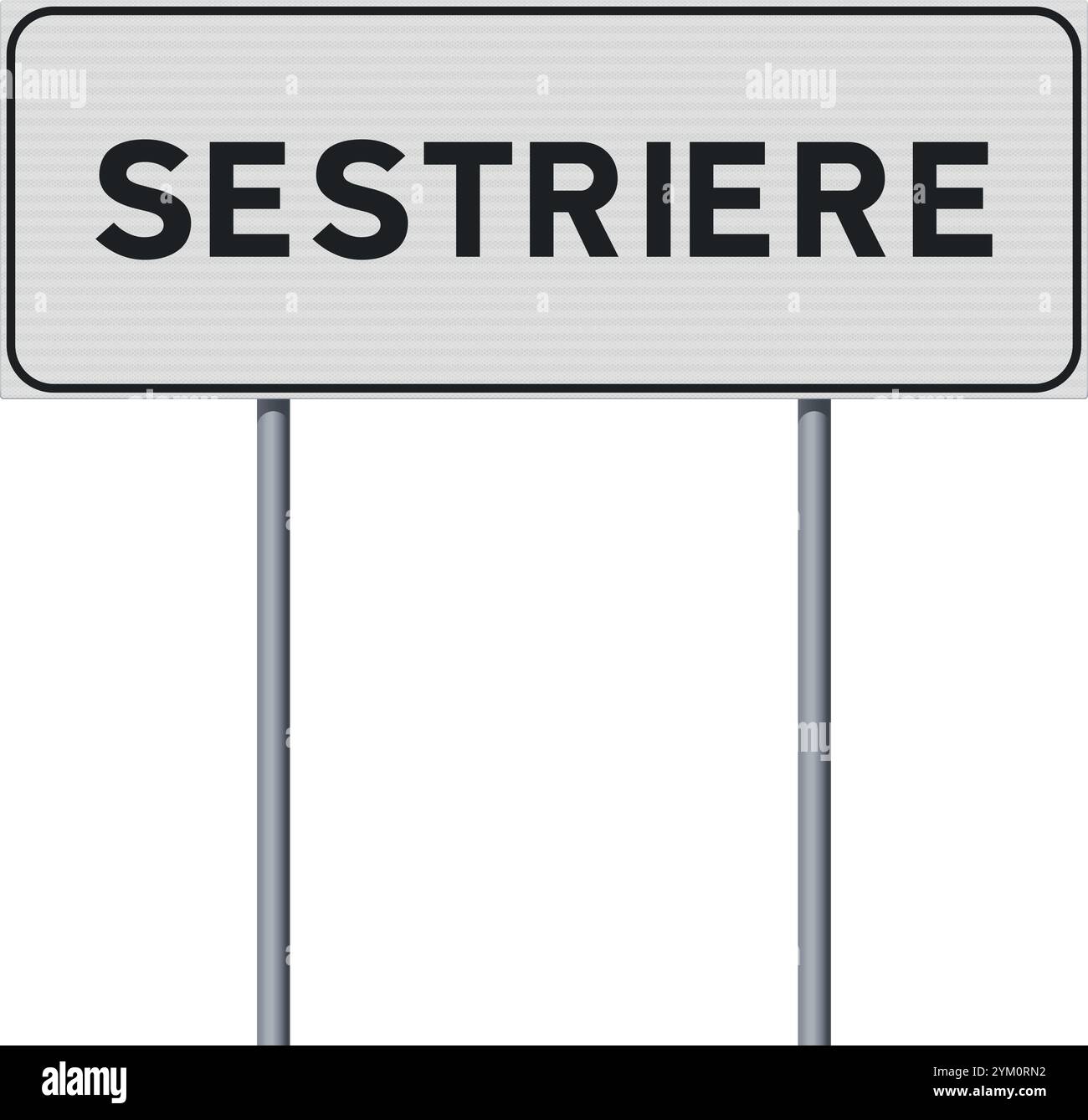 Vektor-Illustration des Straßenschilds für den Eingang in Sestriere Comune auf metallischen Pfählen Stock Vektor