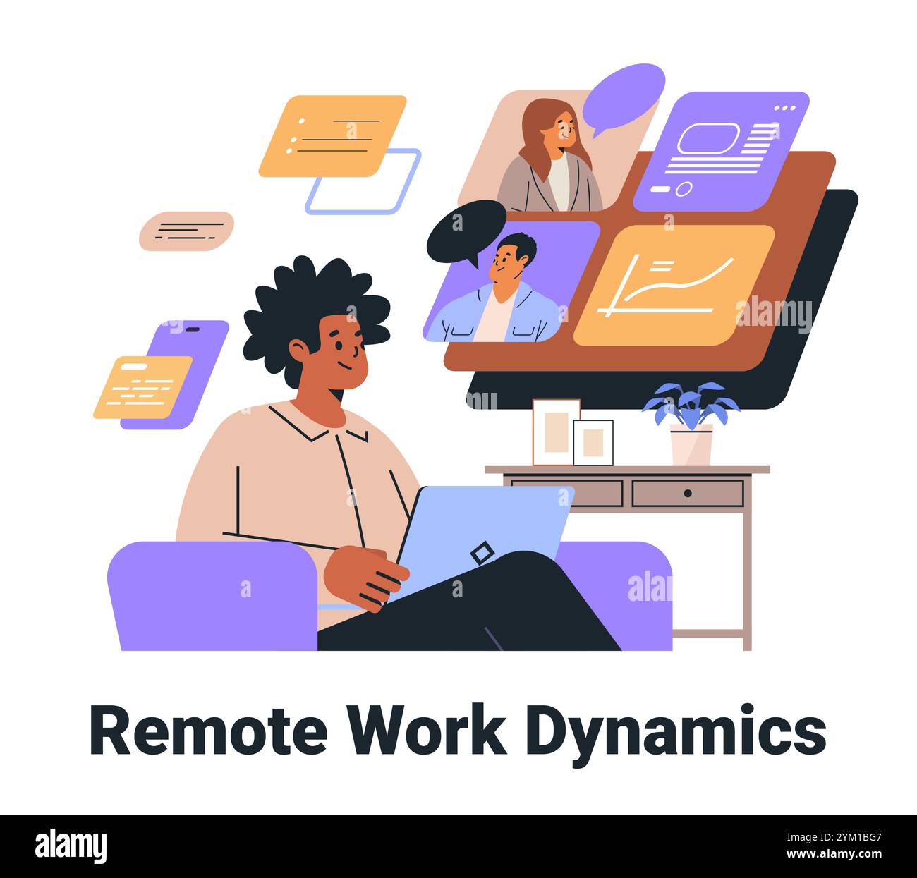 Remote Work Dynamics Konzept digitale Zusammenarbeit Home Office Einrichtung vielfältiges Team virtuelles Meeting farbenfrohe Grafik Laptop moderner Arbeitsbereich Stock Vektor