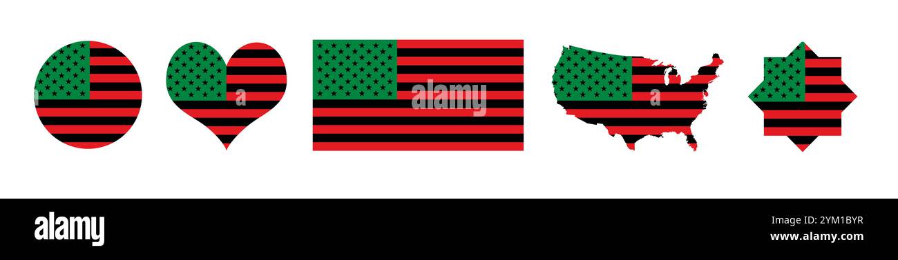 afroamerikanische US-Flaggengruppe mit Symbolen isoliert auf weißem Hintergrund. Afro-amerikanische Flagge in Grün, Schwarz und Rot, schwarze Menschen und Bürgerrechte Stockfoto