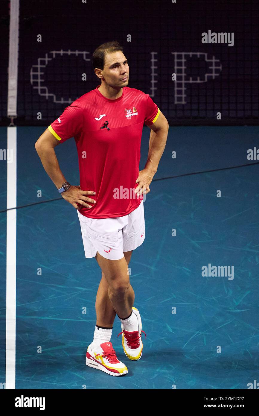 MALAGA, SPANIEN - 19. NOVEMBER: Rafael Nadal vom Team Spanien bei seinem Abschied nach dem Viertelfinale zwischen den Niederlanden und Spanien beim Davis Cup Finale im Palacio de Deportes Jose Maria Martin Carpena am 19. November 2024 in Malaga, Spanien. (Foto von QSP) Stockfoto