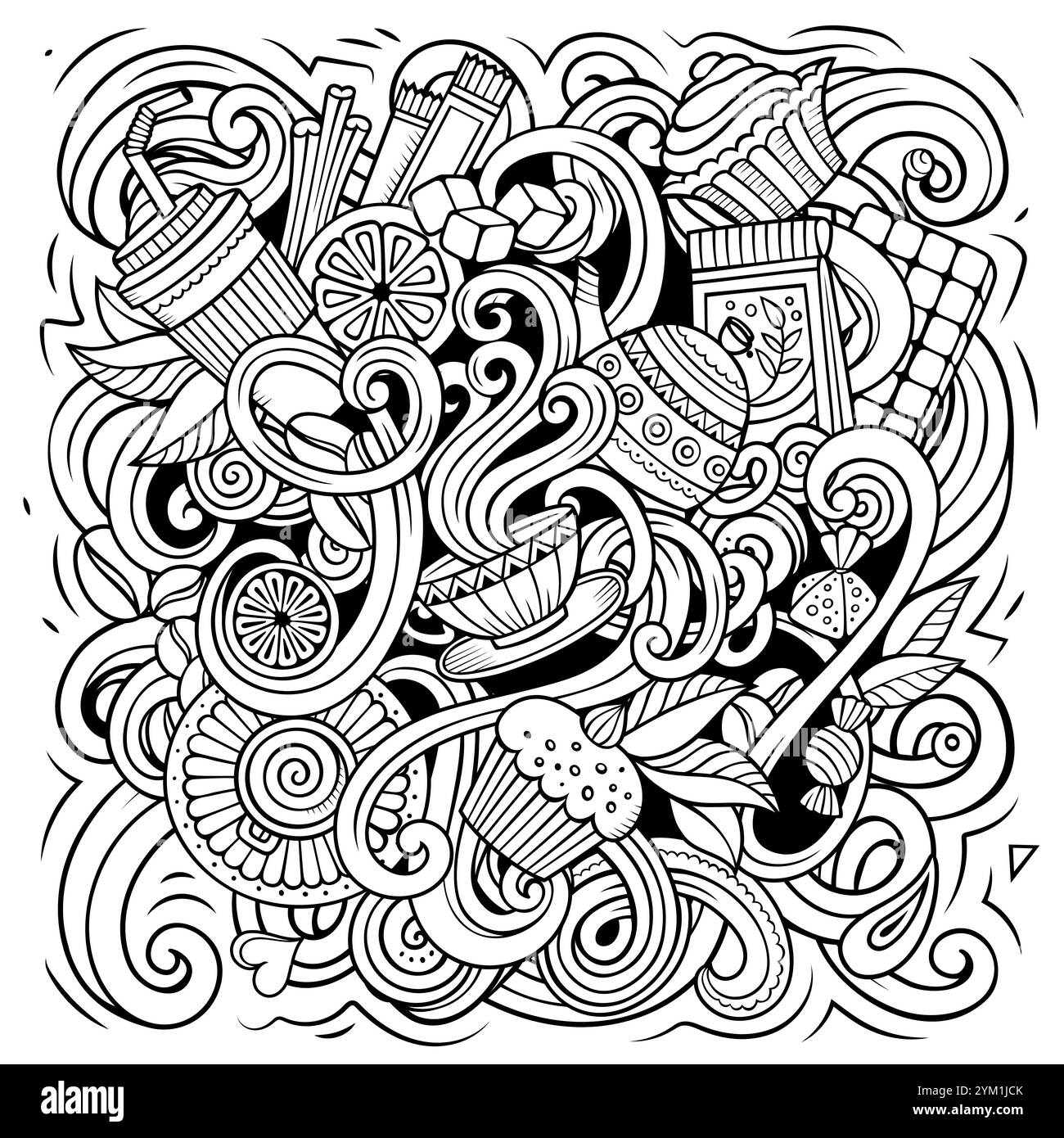 Cafe Hand gezeichnete Vektor-Kritzelillustration. Kaffeedesign. Teezeit Elemente und Objekte Zeichentrickhintergrund. Strichkunst lustiges Bild Stock Vektor