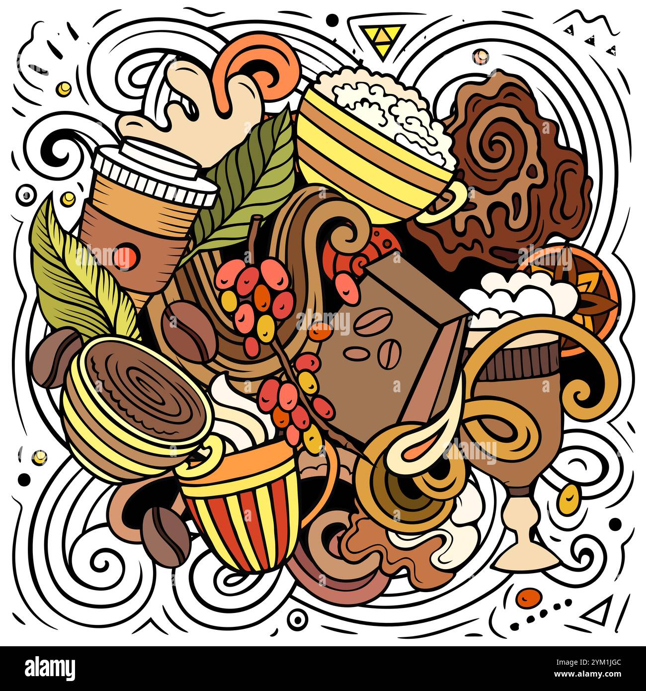 Cartoon-Vektor-Kritzeleien Coffee House Illustration. Bunt, detailreich, mit vielen Objekten im Hintergrund. Alle Objekte getrennt. Helle Farben Cafe lustig Stock Vektor