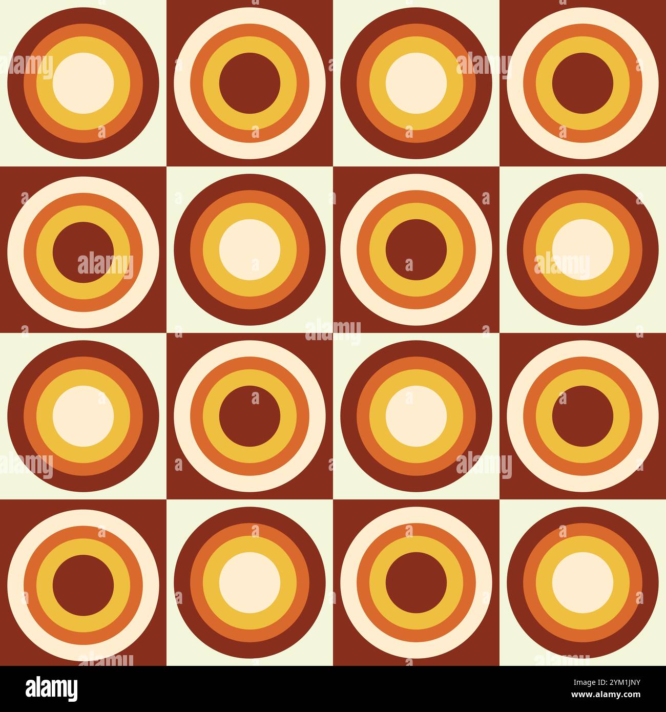 Retro Geometric Groovy Kreise nahtloses Muster in Orange, Beige, Senfgelb auf weißen und braunen karierten Quadraten. Für Tapeten, Geschenkpapier, Stock Vektor