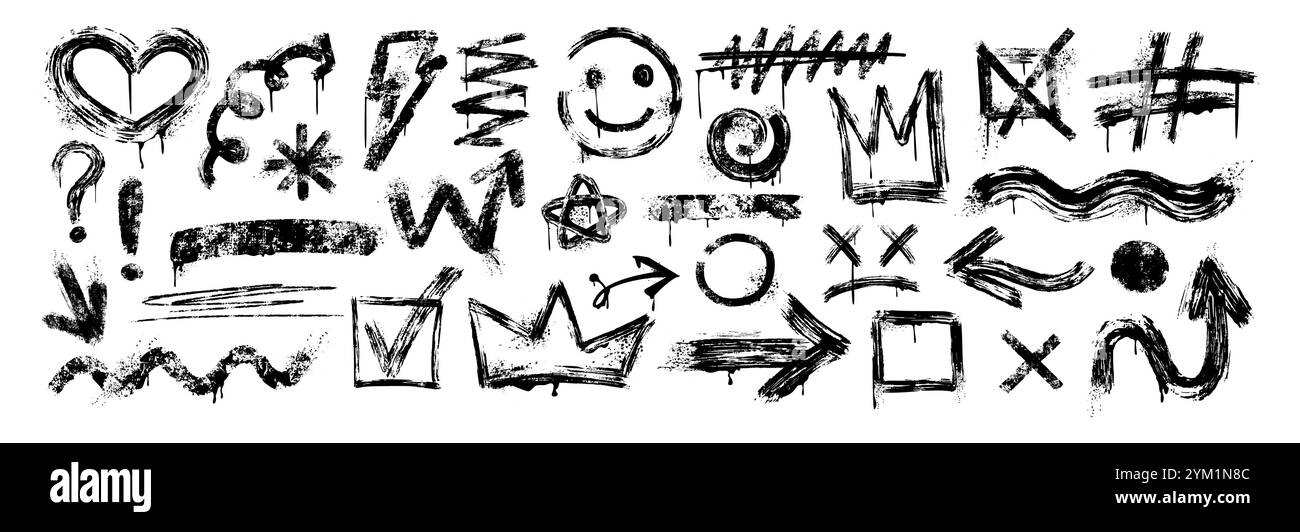 Handgezeichnete Pinselelemente, abstrakte Kritzeleien, Unterstriche, Pfeile, wellige Linien, könig Krone und Lächeln. Set aus schwarzen Graffiti-Strichen, Blitzschlag, rauen Markierungen, Häkchen im Graffiti-Stil Stock Vektor