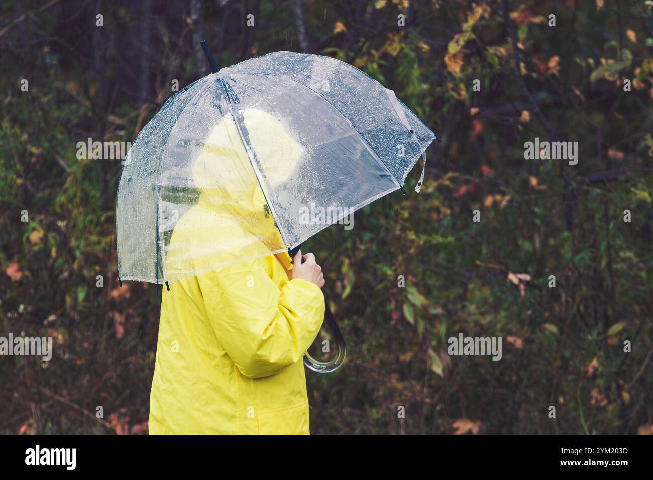 Einen Regenmantel tragen und einen Regenschirm halten an einem regnerischen Tag Stockfoto