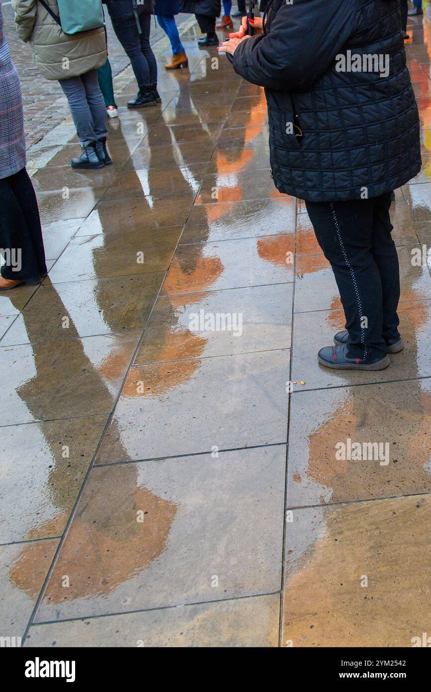 Magdeburg, Deutschland. November 2024. Dutzende Frauen und Männer stehen mit orangen Regenschirmen vor dem landtag Sachsen-Anhalts und spiegeln sich im regengetränkten Asphalt. Mit der Aktion des Landesfrauenrates Sachsen-Anhalt zum Internationalen Tag gegen Gewalt gegen Frauen soll auf die Notwendigkeit hingewiesen werden, das Gewaltpräventionsgesetz auf Bundesebene zu verabschieden. Die Regenschirme symbolisierten den Schutz vor Gewalt gegen Frauen. Quelle: Klaus-Dietmar Gabbert/dpa/Alamy Live News Stockfoto