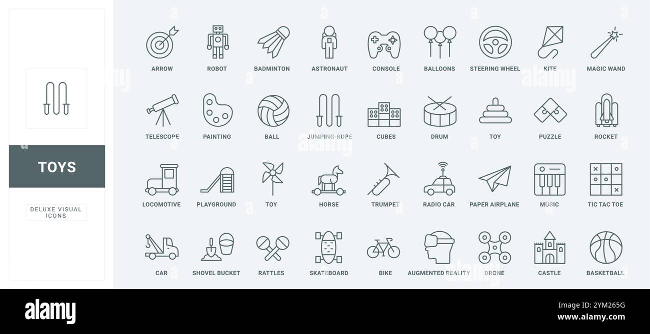 Spielzeug Auto und Sandbox Ausrüstung, Lokomotive und Pferd für Baby Jungen, Trommel und Drachen dünne schwarze Umrisssymbole Vektor Illustration. Spielzeuge für Kinderspiele zu Hause und auf dem Spielplatz sind Symbole gesetzt. Stock Vektor