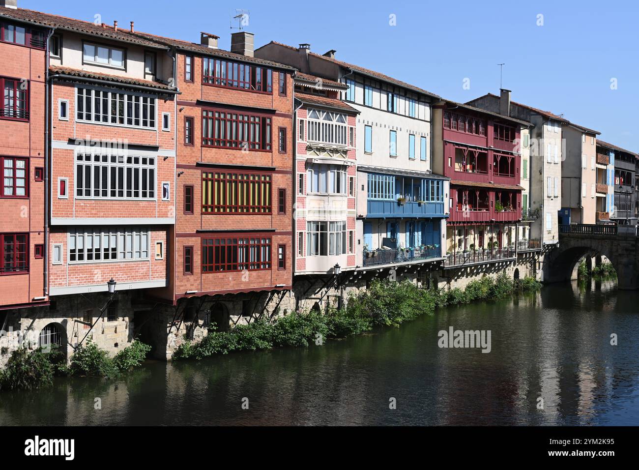 Alte oder historische Häuser am Wasser oder am Flussufer, ehemalige Tanners Häuser, entlang des Flusses Agout, Castres Tarn Frankreich Stockfoto