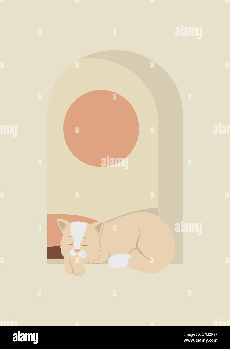 Katze, die auf dem Fenster schläft, Illustration. Cat Life Konzept, Vektor 2D Illustration Stock Vektor