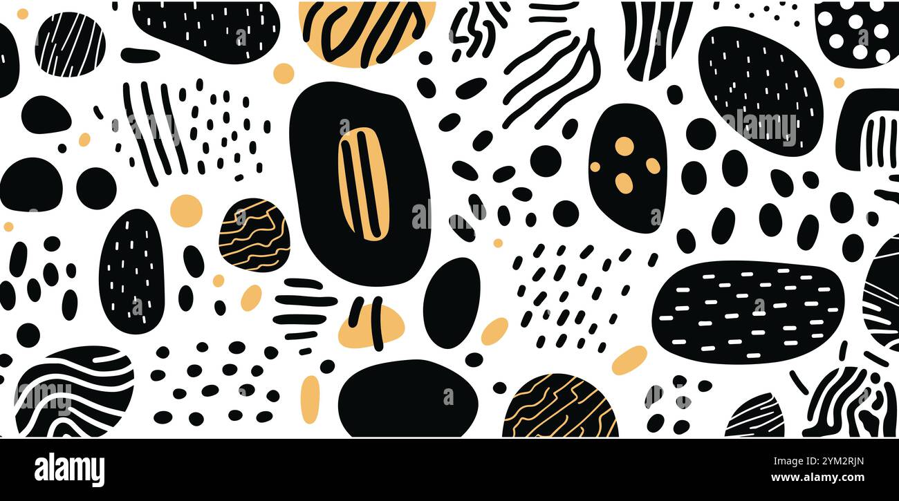 Abstraktes, modernes Kunstmuster mit schwarzen und weißen Kritzeleien. Organischer flacher Zeichentrickhintergrund, einfache Sommerformen im kindlichen Stil Stock Vektor
