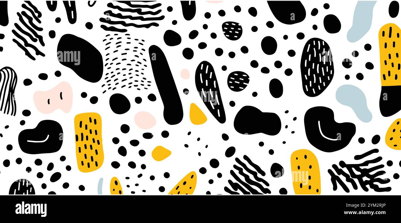 Abstraktes, modernes Kunstmuster mit schwarzen und weißen Kritzeleien. Organischer flacher Zeichentrickhintergrund, einfache Sommerformen im kindlichen Stil Stock Vektor