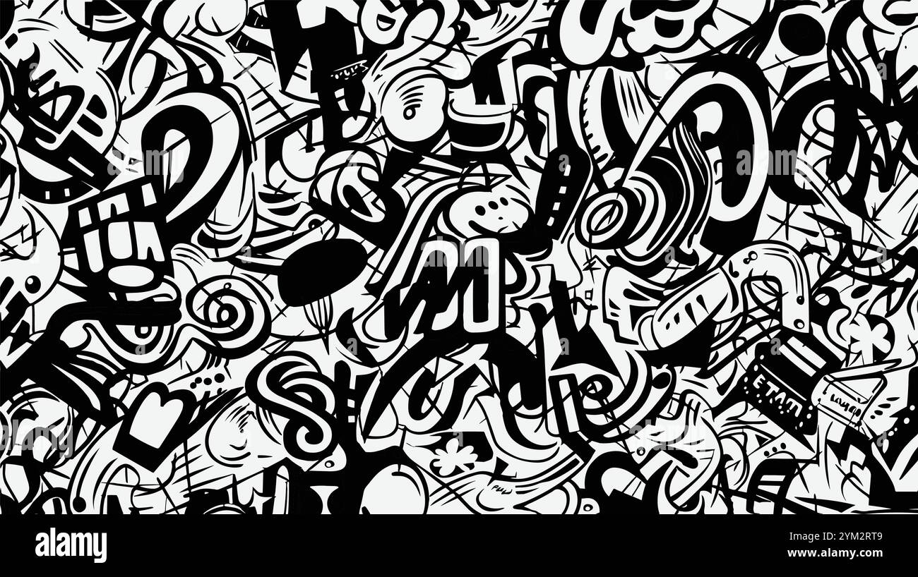 Abstrakter Tag und Buchstabe Vektor Graffiti nahtlose Muster, Retro Street Art Design im Old School Stil für T-Shirt, Textil Stock Vektor