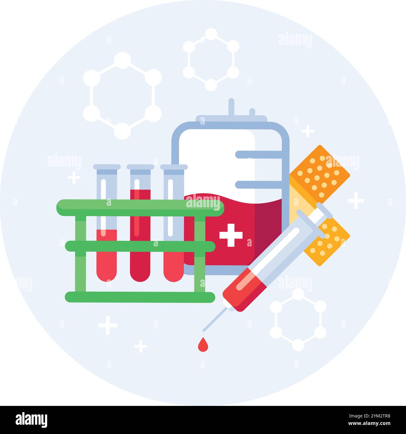Medizinische Illustration, die einen Blutbeutel, Reagenzgläser, Spritze und Verbände darstellt und das Konzept der Bluttransfusion und der Gesundheitsversorgung darstellt Stock Vektor