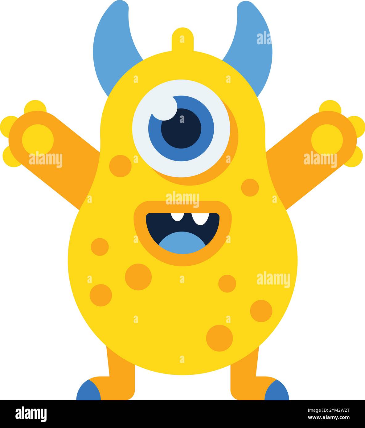 Cartoon-Illustration eines fröhlichen gelben Monsters mit einem einzigen großen Auge, blauen Hörnern und offenen Armen, die ein Gefühl von Spaß und Freundlichkeit vermitteln Stock Vektor