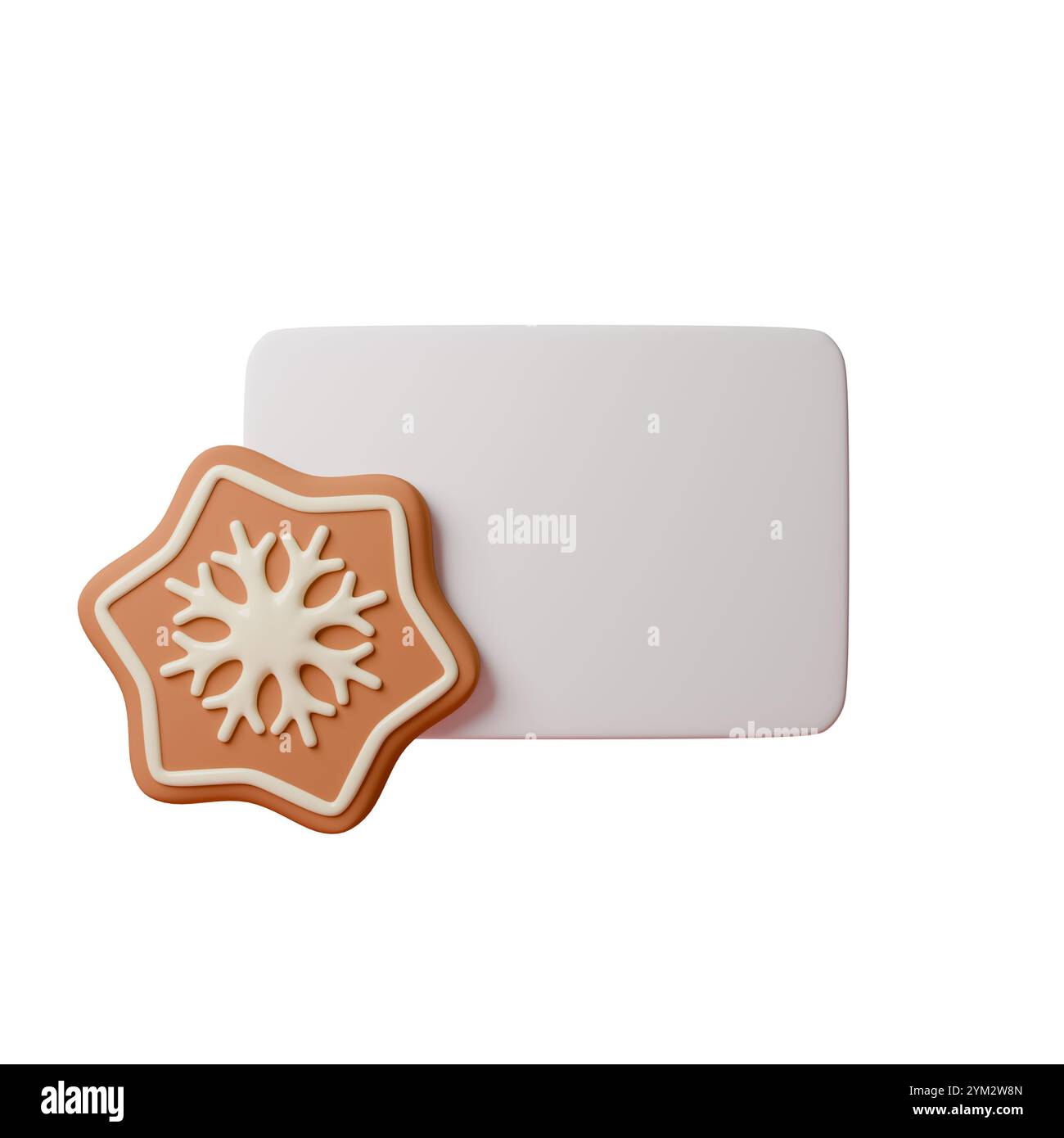 Weihnachtslabel, Hintergrund mit Ingwerstern und Schneeflocken-Frosting. 3D-Rendering, leeres Banner. Ideal für Weihnachtskarten, Designs, Weihnachten Stockfoto