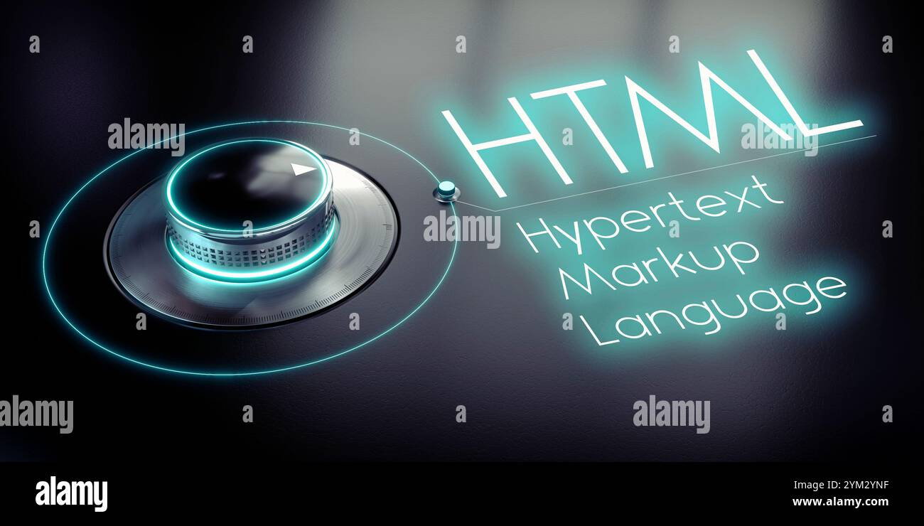 HTML, Hypertext Markup Language – Drehknopf und leuchtendes Wort – 3D-Illustration Stockfoto