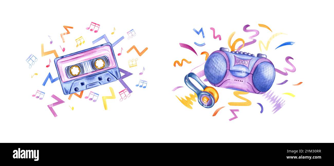 Retro-Kassettenkassette, Kopfhörer und Kassettenboombox, umgeben von farbenfrohen Musiknoten und Linienkritzeleien. Aquarellillustration für Nostalgie Stockfoto