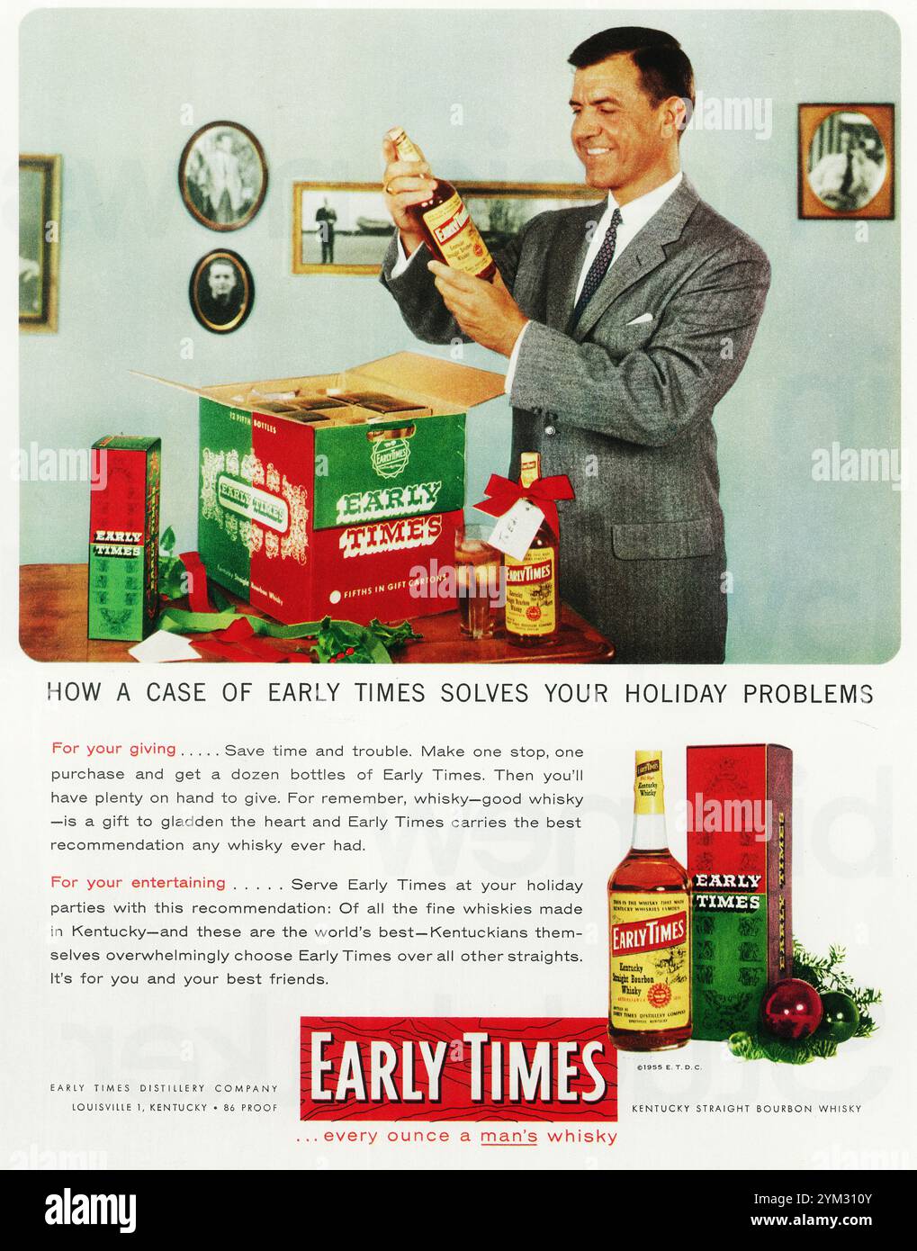 1955 Early Times Kentucky Straight Bourbon Whiskey Ad Weihnachtsgeschenk Stockfoto