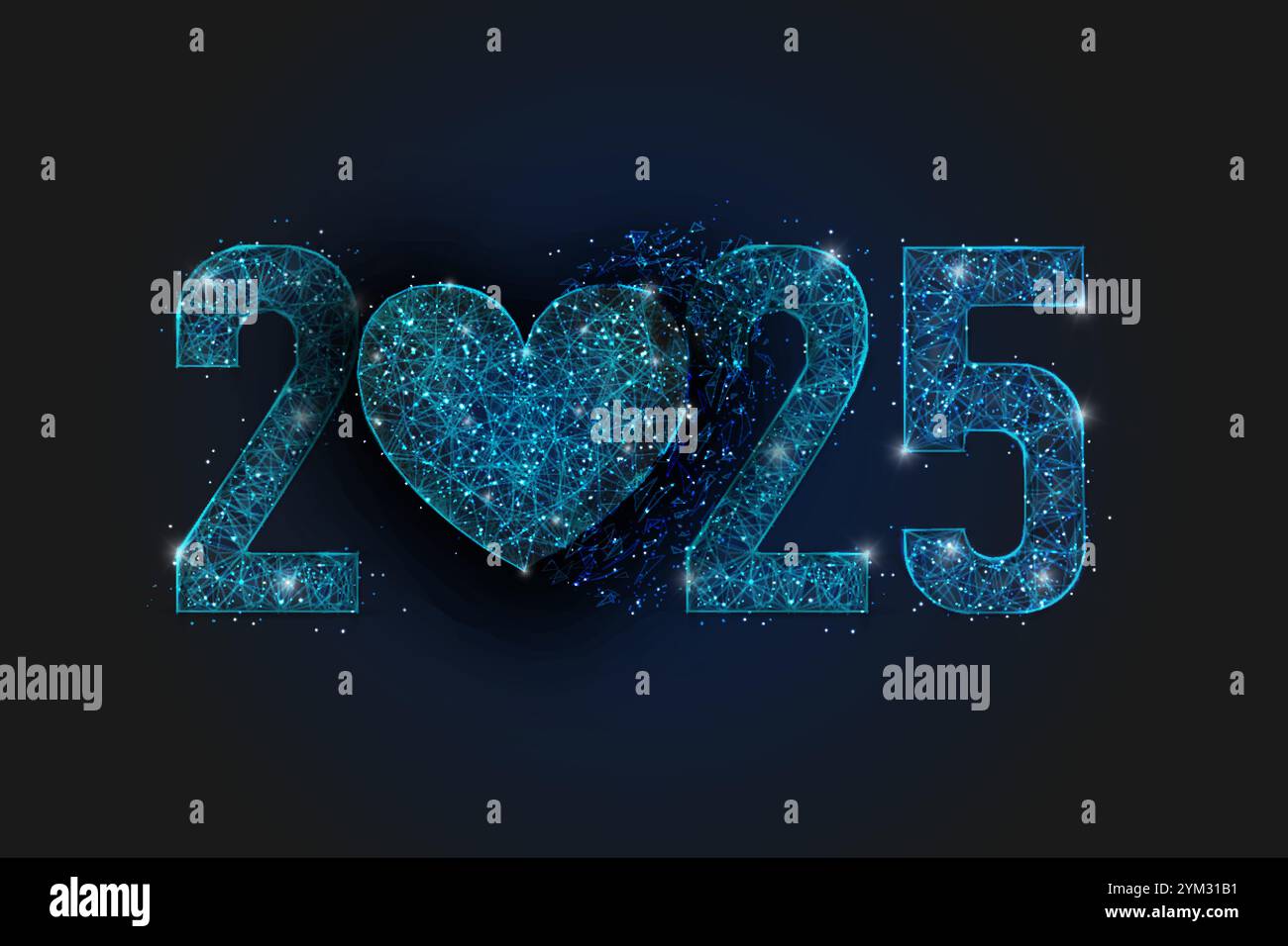 Abstraktes isoliertes Blaubild des Neujahrs Nummer 2025. Polygonale Low Poly Drahtmodell Illustration sieht aus wie Sterne im schwarzen Nachthimmel im Raum oder Stock Vektor