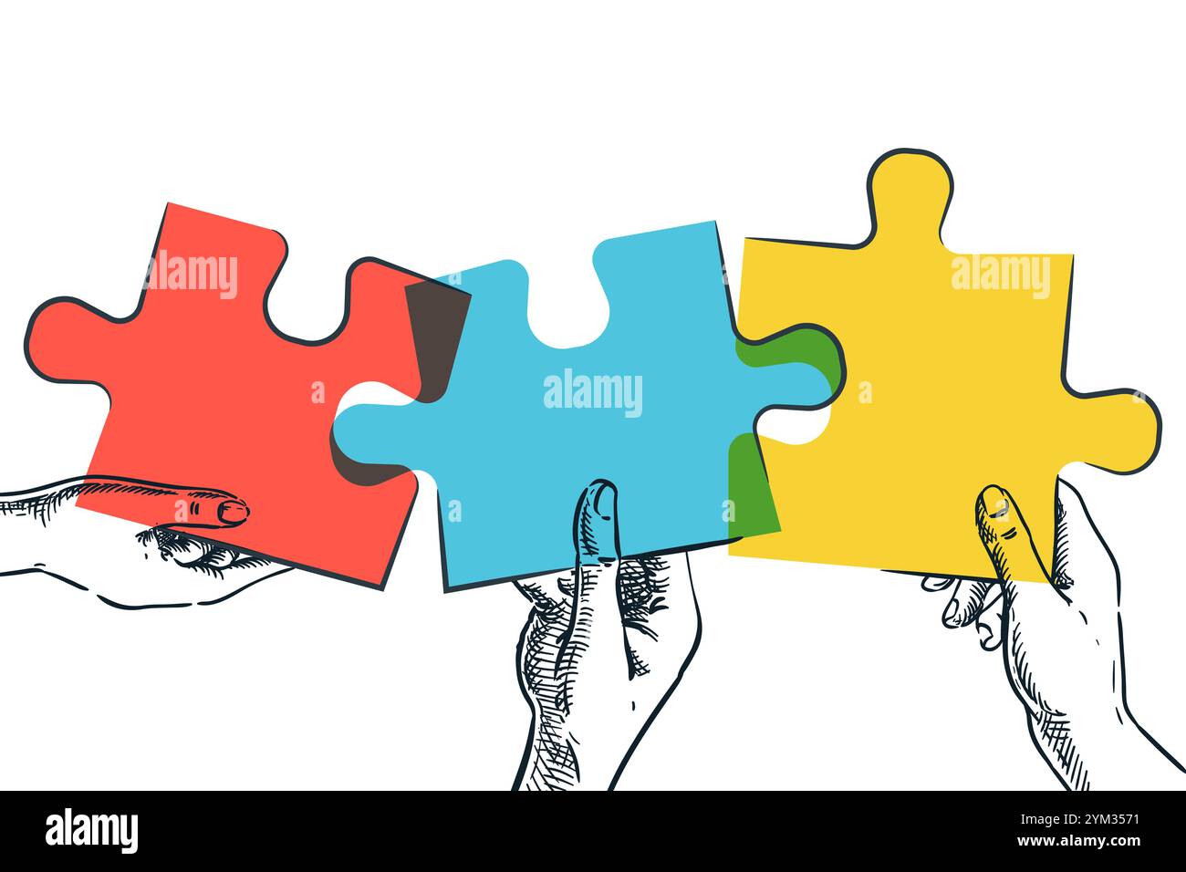 Hände halten bunte Puzzleteile. Handgezeichnetes Vektor-Skizzendesign mit Kopierraum. Das Business Team löst das Problem und schließt sich dem Verbindungsspiel an. Te Stock Vektor