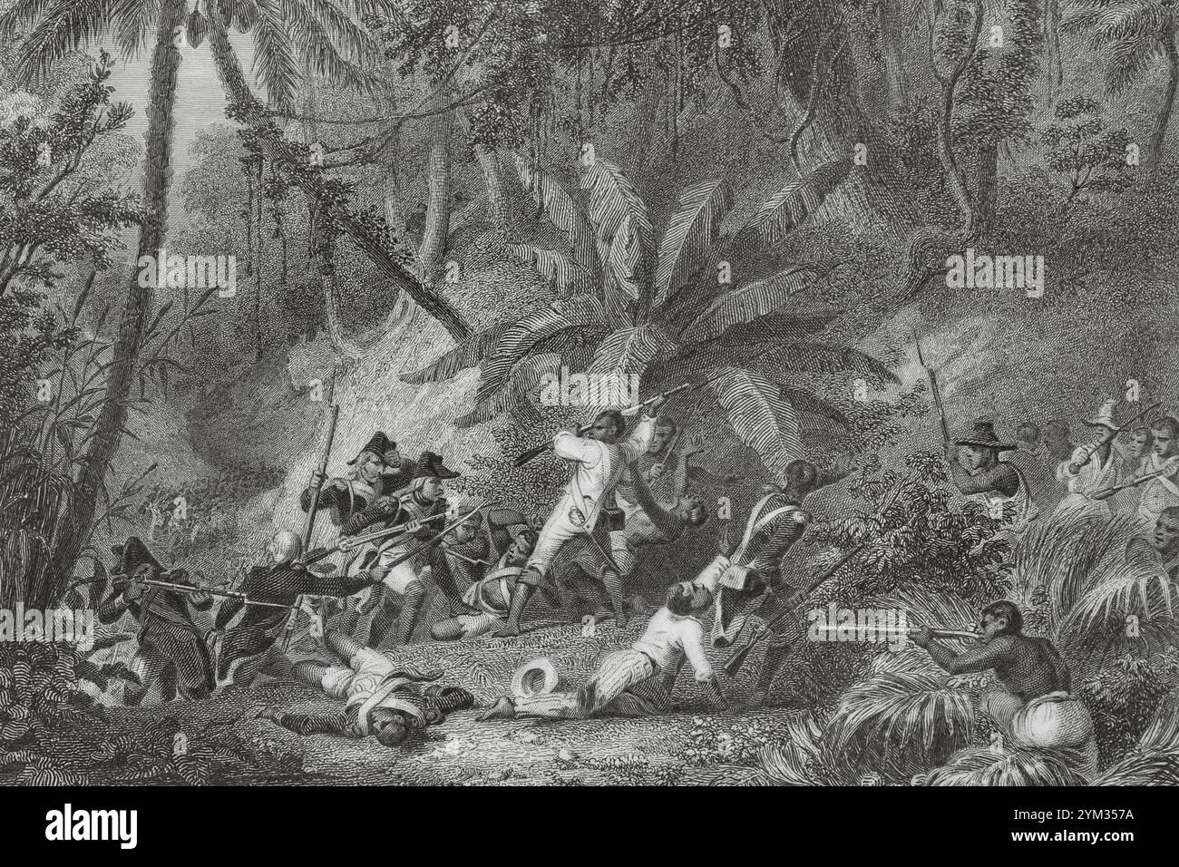 Haitianische Revolution (1791-1804). Revolutionäre Bewegung in den französischen Kolonien, die in der Abschaffung der Sklaverei in der französischen Kolonie Saint-Domingue und der Ausrufung des Ersten Reiches Haitis (1804–1806) gipfelte. Schlacht von Ravine-à-Couleuvres. Kampf zwischen französischen Truppen, die von Napoleon und haitianischen Rebellentruppen geschickt wurden, 23. Februar 1802. Zeichnung von Karl Girardet. Gravur von Outhwaite. "Histoire du Consulat et de l'Empire" (Geschichte des Konsulats und des französischen Reiches unter Napoleon), von A. Thiers. Band IV. Veröffentlicht in Paris, 1845. Stockfoto