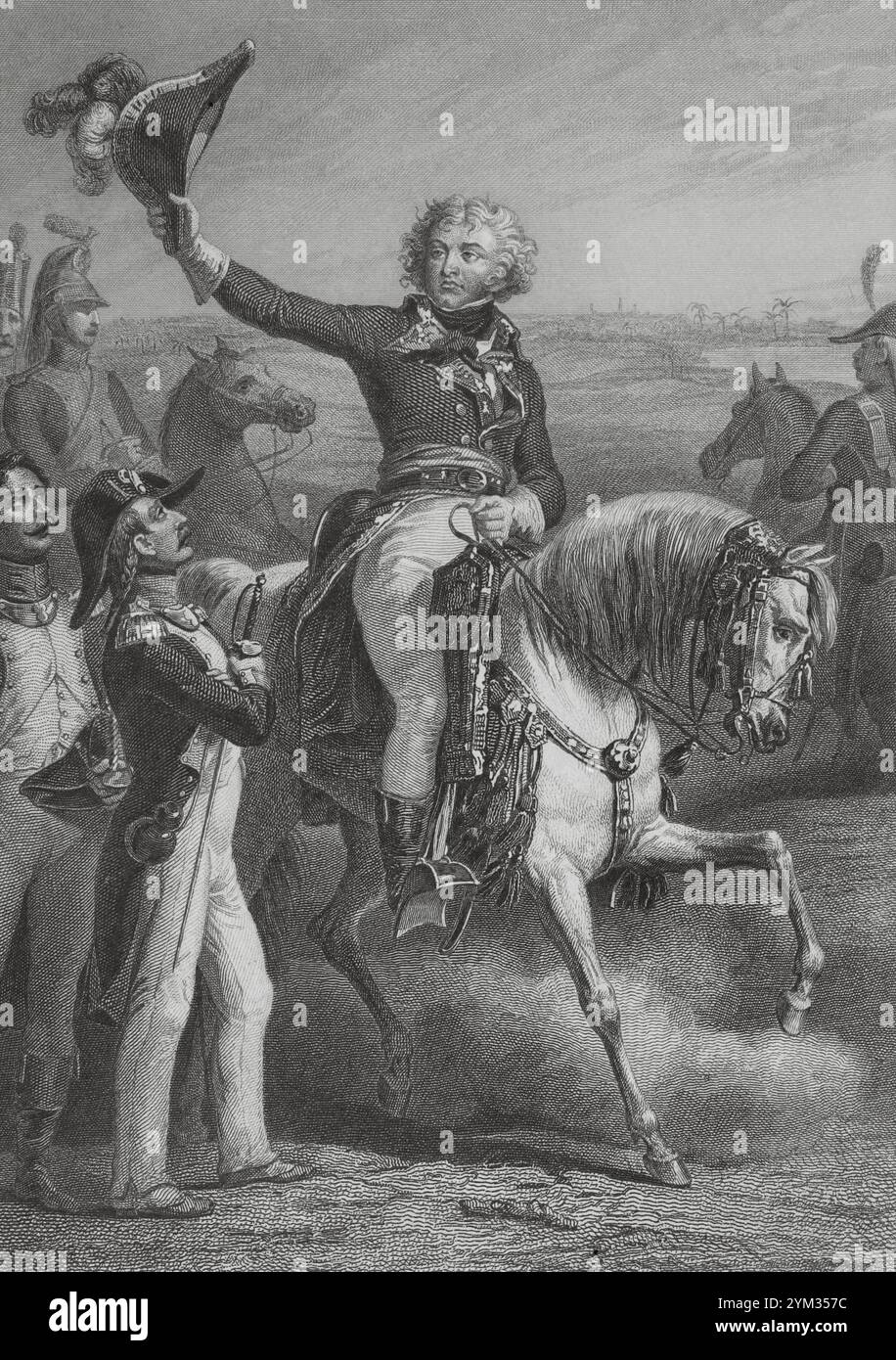 Jean-Baptiste Kléber (1753-1800). Französisch allgemein. Er nahm an der ägyptischen Kampagne Teil. Kléber bei der Schlacht von Heliopolis am 20. März 1800. Zeichnung von Eugène Charpentier. Gravur von Vallot. "Histoire du Consulat et de l'Empire" (Geschichte des Konsulats und des französischen Reiches unter Napoleon), von A. Thiers. Band II. Veröffentlicht in Paris, 1847. Stockfoto