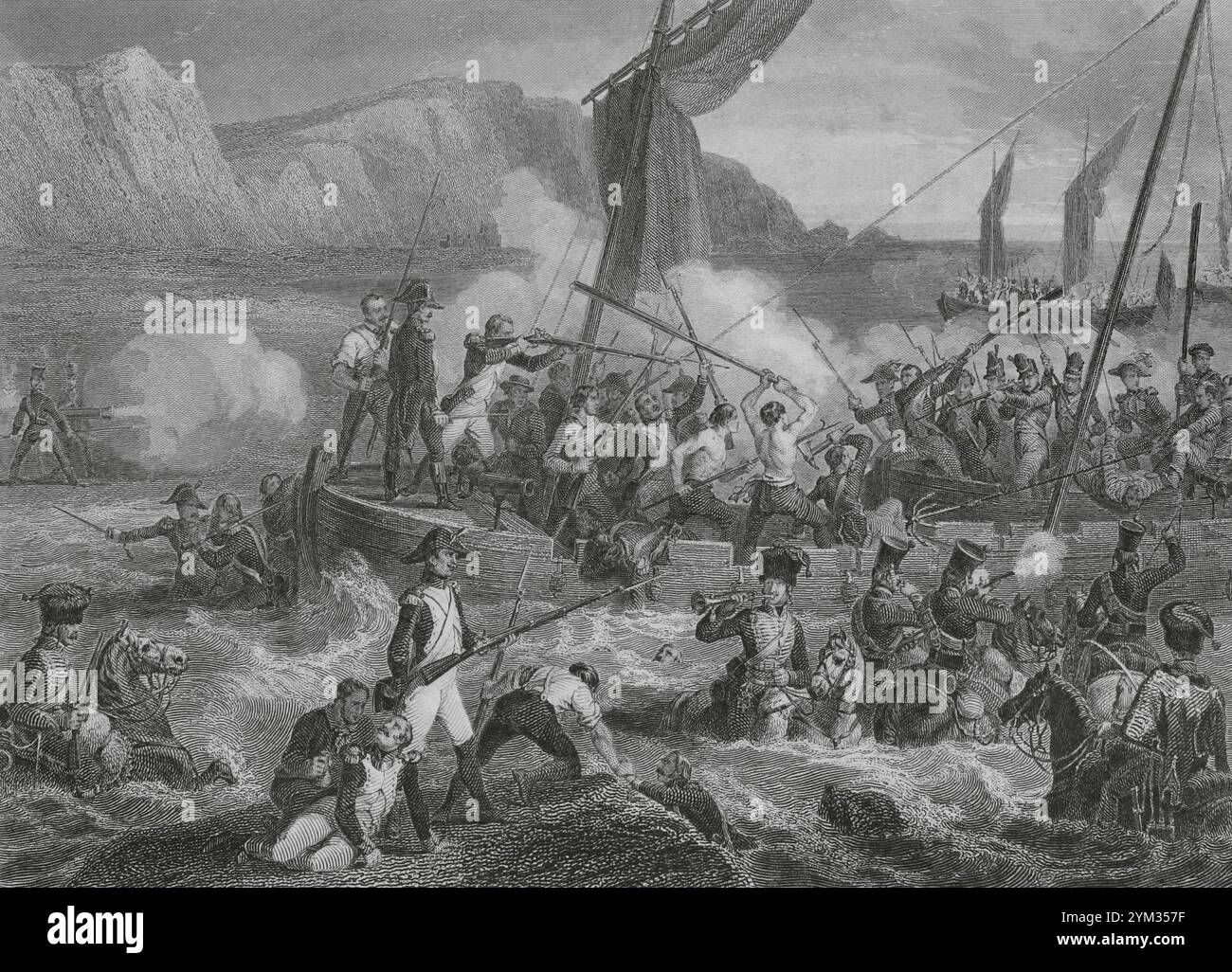 Napoleonische Kriege. In den Jahren 1804 und 1805 versammelte Napoleon Bonaparte die Grande Armée in Boulogne (Boulogne-sur-Mer), um von dort aus die Invasion Englands zu starten. Kampf am Strand von Boulogne, 1804. Zeichnung von Eugène Charpentier. Gravur von Beyer. "Histoire du Consulat et de l'Empire" (Geschichte des Konsulats und des französischen Reiches unter Napoleon), von A. Thiers. Band IV. Veröffentlicht in Paris, 1845. Stockfoto