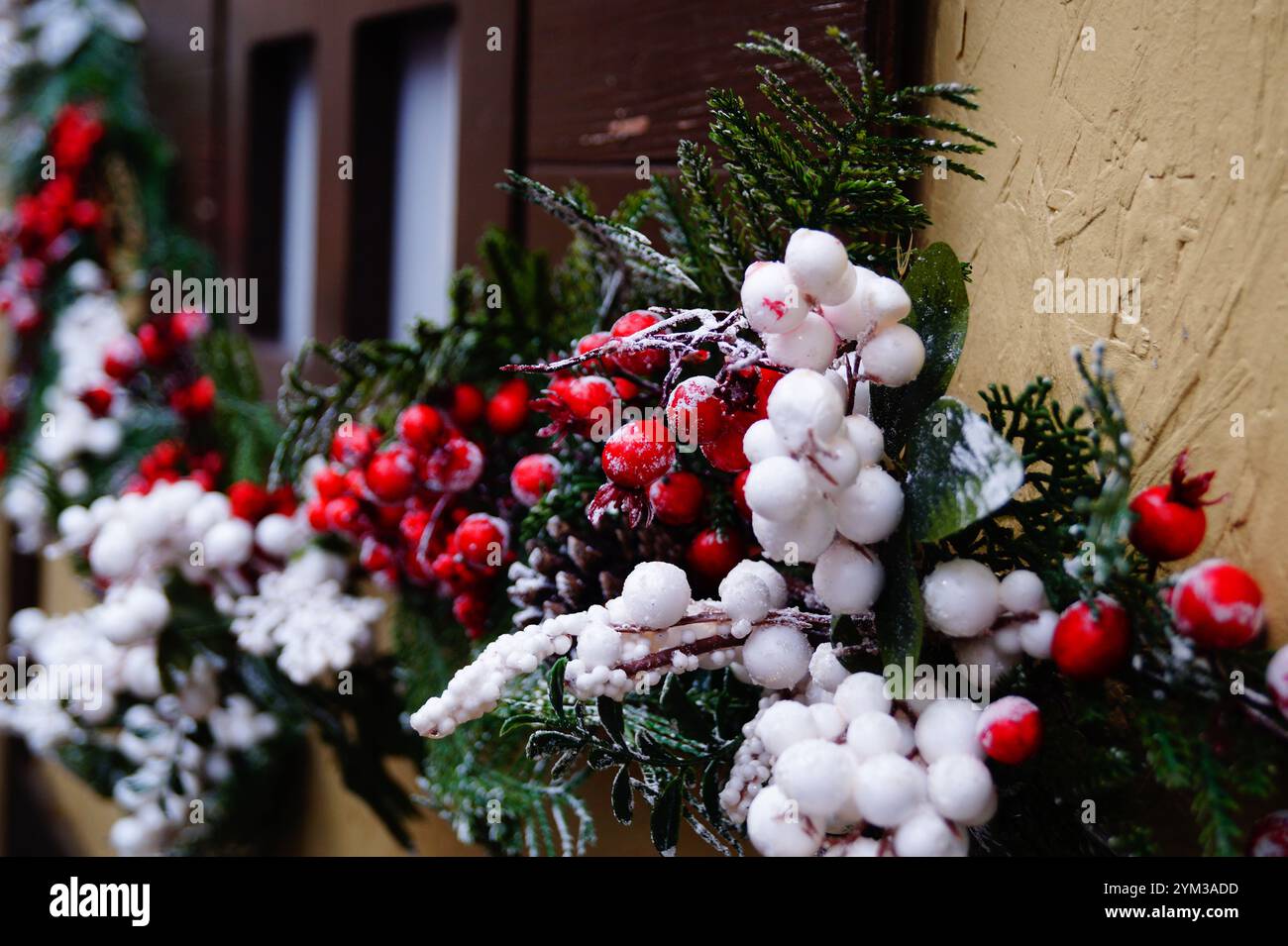 Festliche Weihnachtsdekorationen und -Ornamente an den Holzfenstern. Rote Beeren unter dem Schnee Stockfoto