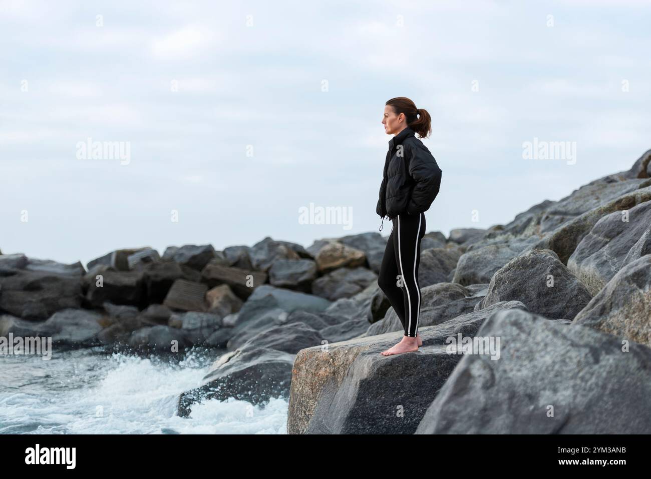 Wilder Schwimmer, der auf Felsen steht und auf das Meer blickt Stockfoto