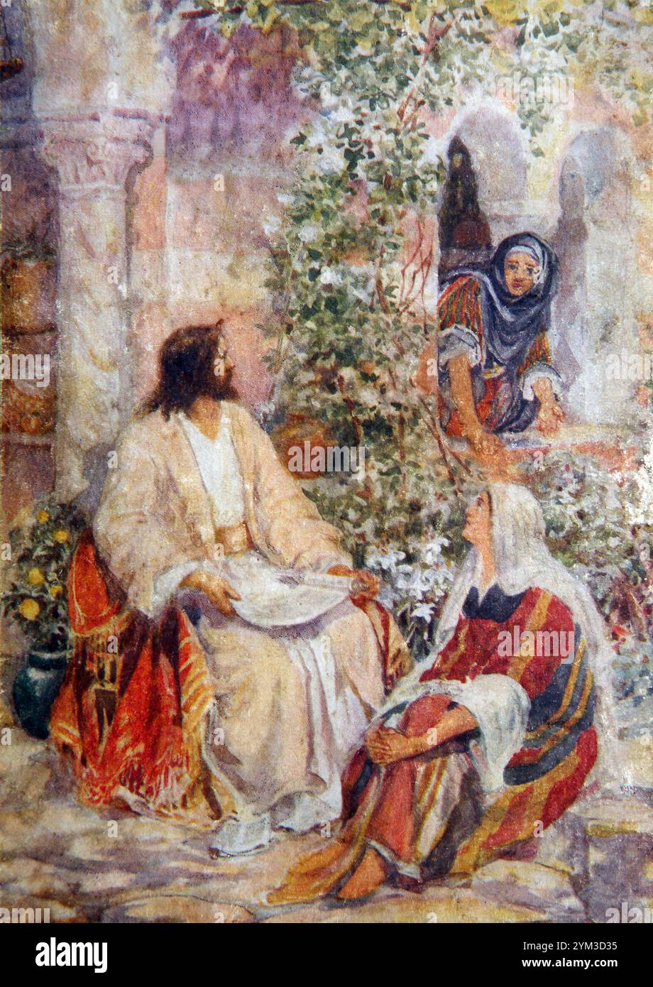 Illustration von Jesus im Haus von Martha und Maria - Martha bereitet Essen vor, während Maria sitzt und Jesus aus dem antiken Kinderbuch zuhört Stockfoto