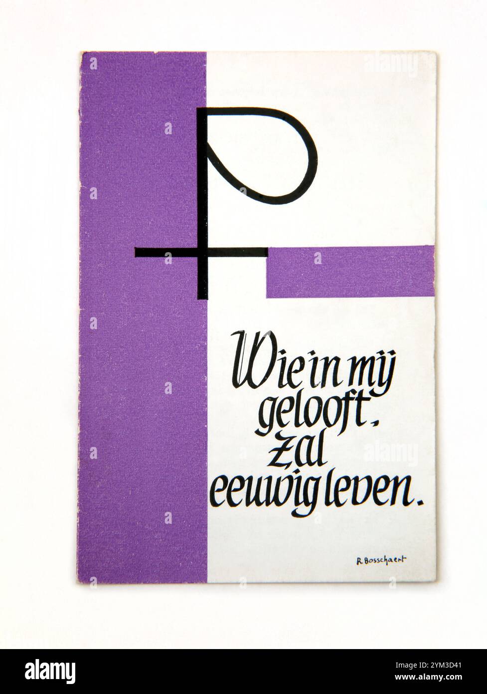 Niederländische Vintage-Gedenkkarte „wie in meinem Gelooft Zal eeuwigleven“ ( Wer an mich glaubt, wird für immer leben) Stockfoto