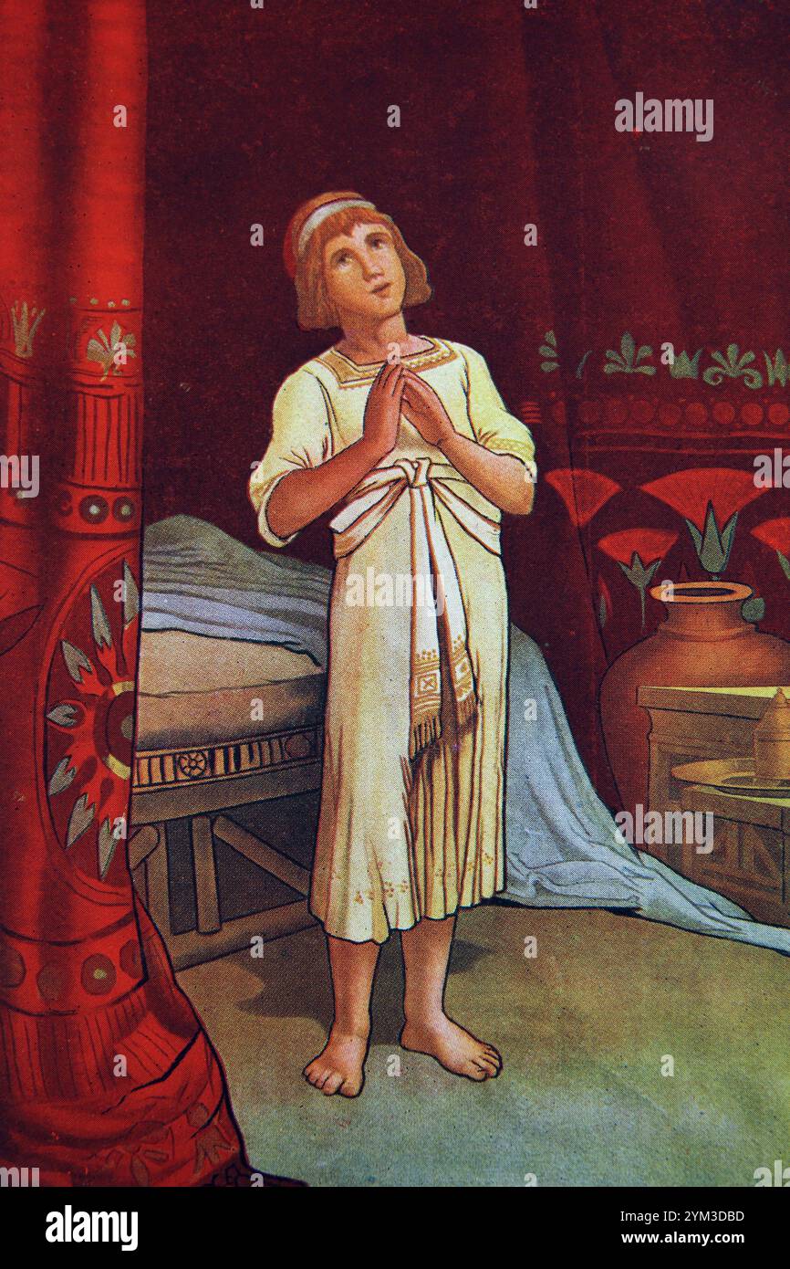 Illustration von Samuel, der betet und die Stimme Gottes hört (Buch Samuel) aus dem Antique Children's Book Line on Line II Stockfoto