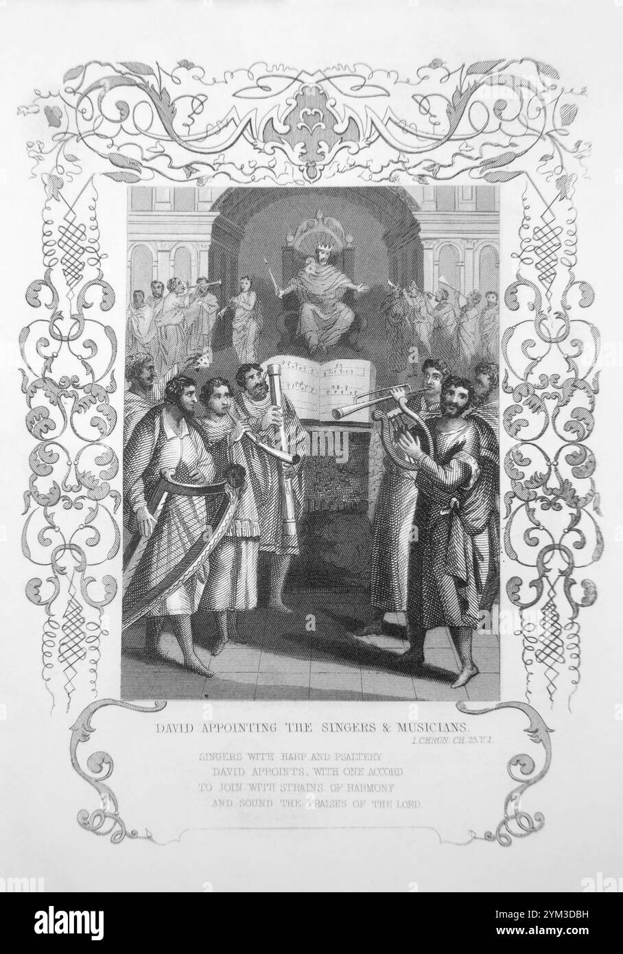 Stahlgravur von David Appointing the Singers and Musicians for the Temple (1 Chronicles ch25 v1) aus der Tallis Illustrated Scripture History von 1851 Stockfoto