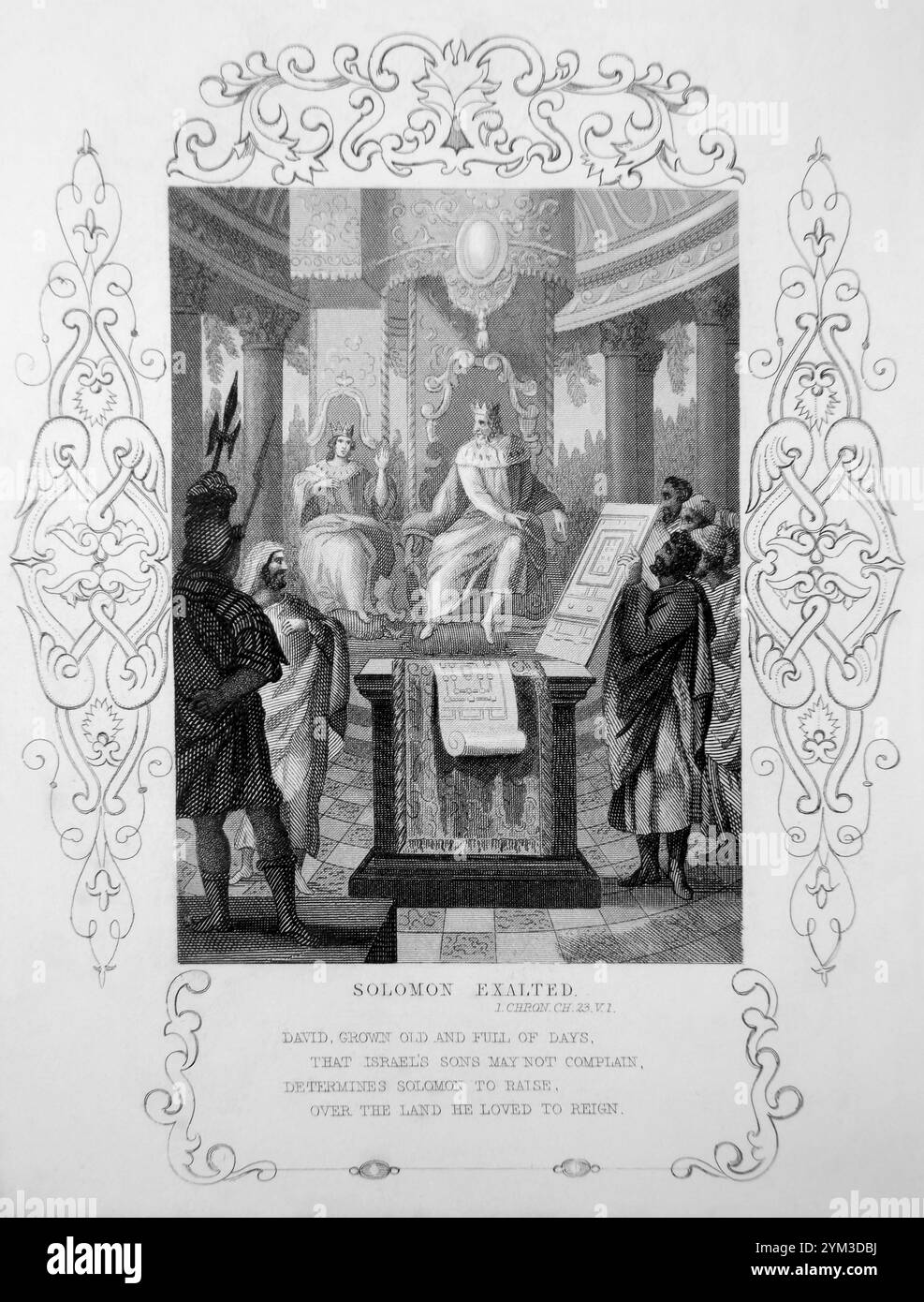 Stahlgravierung von Salomon Exalted (1 Chronik ch 23 v1) als König David alt war, setzte er seinen Sohn Salomo als König aus dem Tallis Illustrat von 1851 ein Stockfoto
