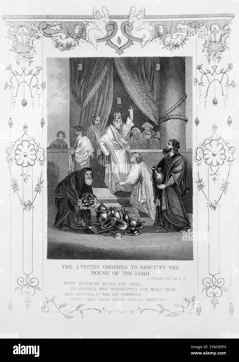 Die Stahlgravur der Leviten befahl, das Haus des Herrn zu heiligen - Hiskia, der König von Juda, befahl den Priestern, sich zu reinigen und befahl Stockfoto